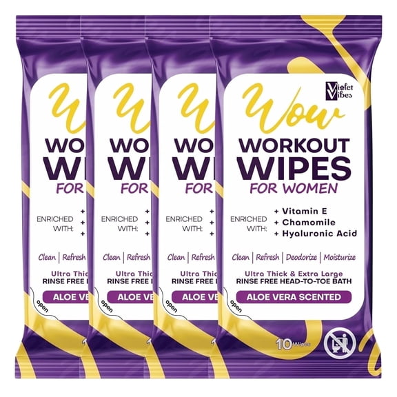 Violet Vibes Rinse Free Body Wipes, Women XL Workout Wipes, Aloe Scent, 40 Count, 4 Pack