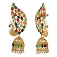 thumbnail image 2 of Efulgenz Indian Bollywood Gold Tone Crystal Kundan Pearl Peacock Inspired Jhumka Jhumki Earrings Jewelry Set, 2 of 3