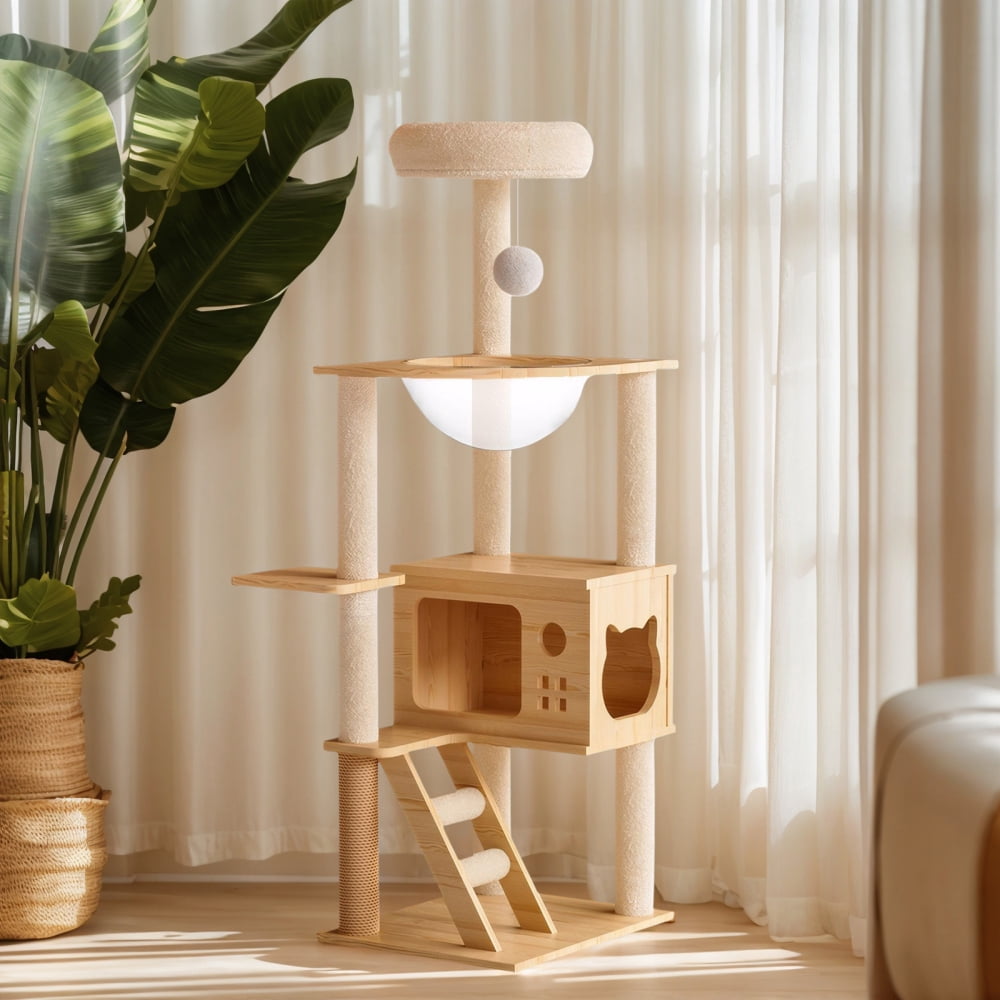 Modern Wood Cat Tree Tower - Indoor Cat Condo with Sisal Scratching Posts, Perch & Acrylic Hammock - For Small/Large Cats