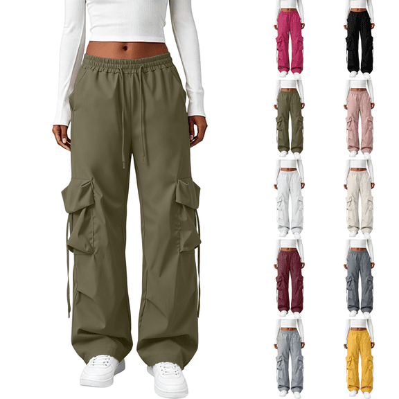 Parachute Cargo Pants Women Lightweight Quick Dry Baggy Hiking Pants with Pockets Y2k Clothes Army Green M