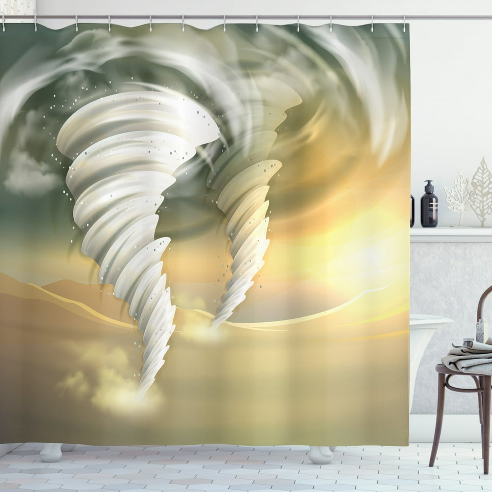 Tornado Shower Curtain, Abstract Hurricane Swirls with Sun Clouds on Desert Landscape, Fabric