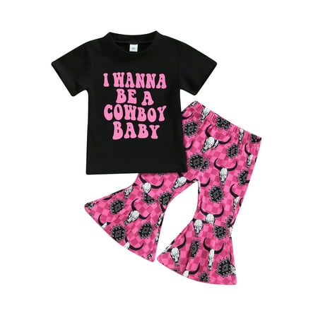 

Zervatek Kids Girls Summer Outfits Letter Print Short Sleeve T-shirt and Elastic Cow Head Print Flare Pants Set