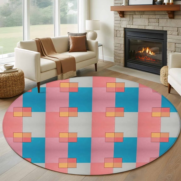 Round Rugs 7Ft, Pink Blue Geometric Round Area Rug Washable Indoor Throw Carpet, Modern Plaid Abstract Art Large Non Slip Circle Rug for Dining Room Playroom Home Decor Aesthetic