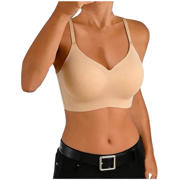 hoksml Women's Pull On Wireless Bra, Seamless Light Support Comfort Bralette with Adjustable Thin Straps and Plunge V-Neck