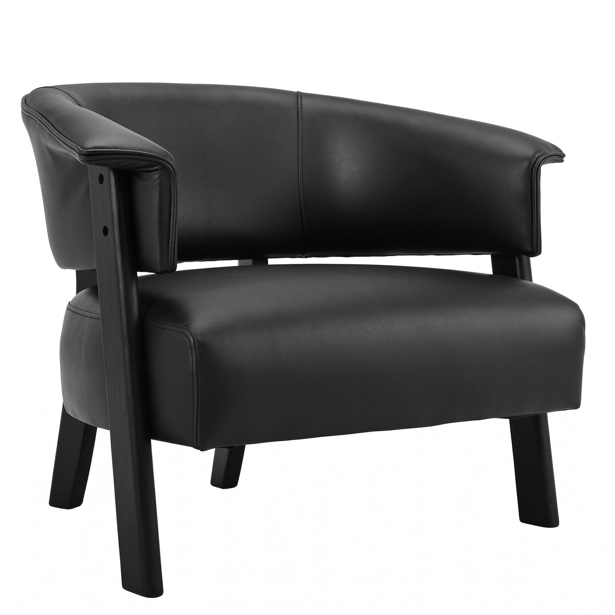 Leumius Faux Leather Wingback Accent Chair, Wrap-Around Back Upholstered Armchair with Solid Wood Legs, Single Sofa Reading Chair for Bedroom Living Room, Black
