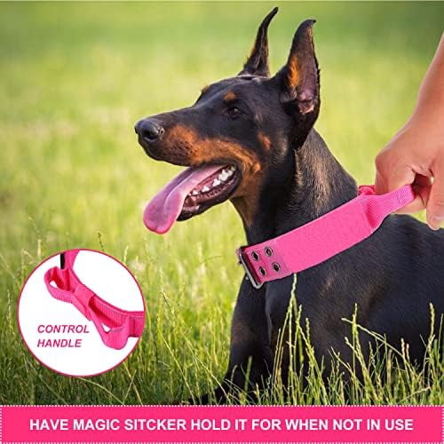 Reflective Dog Collar Heavy Duty Tactical with Control Handle and Metal Buckle for Dog Training(Large, Pink)