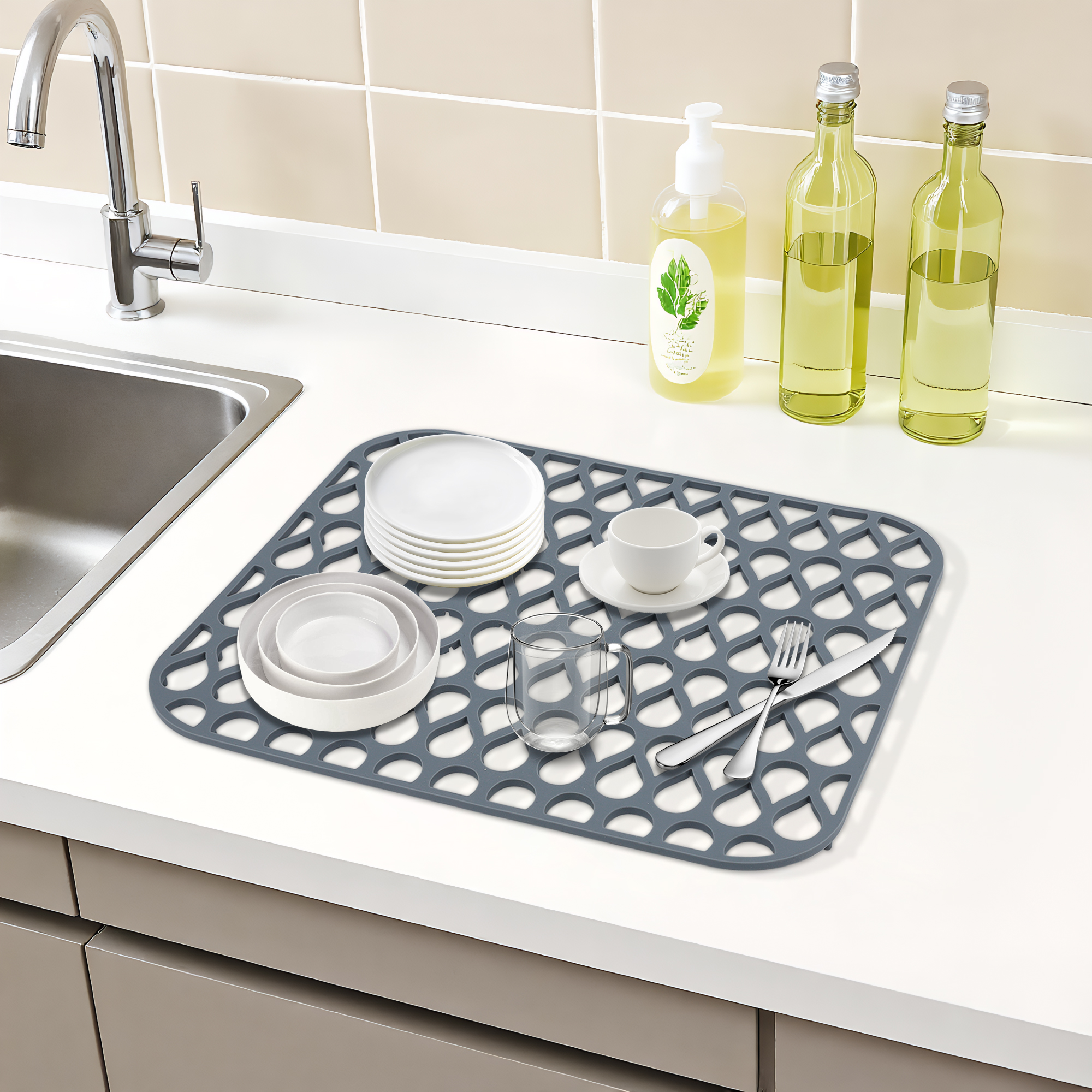 Unique Bargains Hollow Design Easy Clean Kitchen Counter Mat Gray 13.6*11.6*0.4 inch