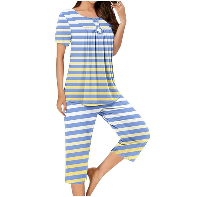 Jamicy Pyjama Confortable pour Femmes Ensemble Mode Décontracté Ample Imprimé Imprimé Col Rond Boutonné Manches Courtes Haut avec Pantalon Court Ensemble de Pyjama pour Femmes