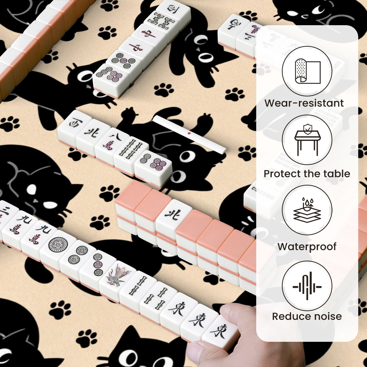 Mahjong Mat 31.5" x 31.5" Black Cat Playful Cats Paws Beige Non-Slip Noise Reduction Mahjong Tiles Table Cover for Dominoes Poker Card Board and Tile Games