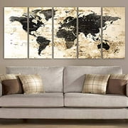 Original by BoxColors Xlarge 30"x 70" 5 Panels 30x14 Ea Art Canvas Print Watercolor Black Beige Map World Push Pin Travel Wall decor (framed 1.5" depth) M1827