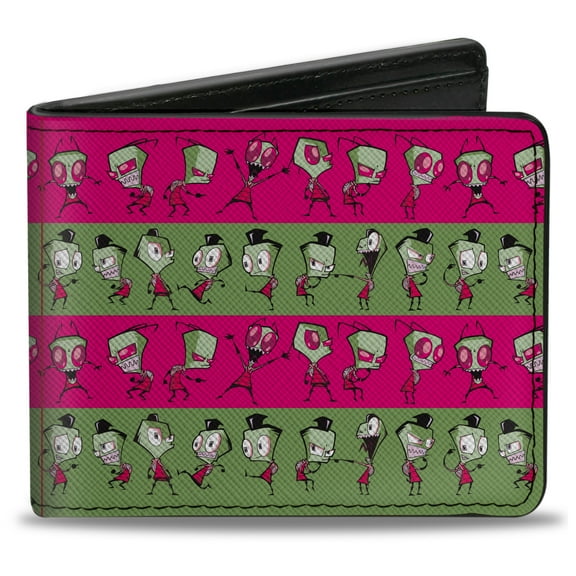 Nickelodeon Wallet, Bifold, Invader Zim and Human Disguise Poses Stripe Pink Green, Vegan Leather