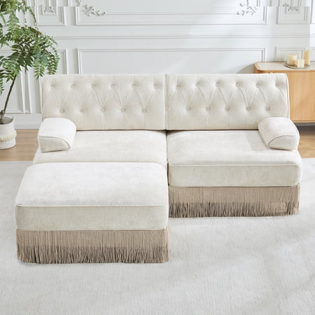 FFZ L-Shaped Breathable Comfort Velvet Tassel Skirt Chesterfield Sofa Curved Armrests Wooden Base Beige For Living Room