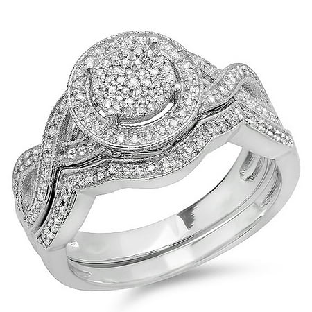 - 0.50 Carat (ctw) Sterling Silver Round White Diamond Womens Micro Pave Engagement Ring Set 1/2 CT