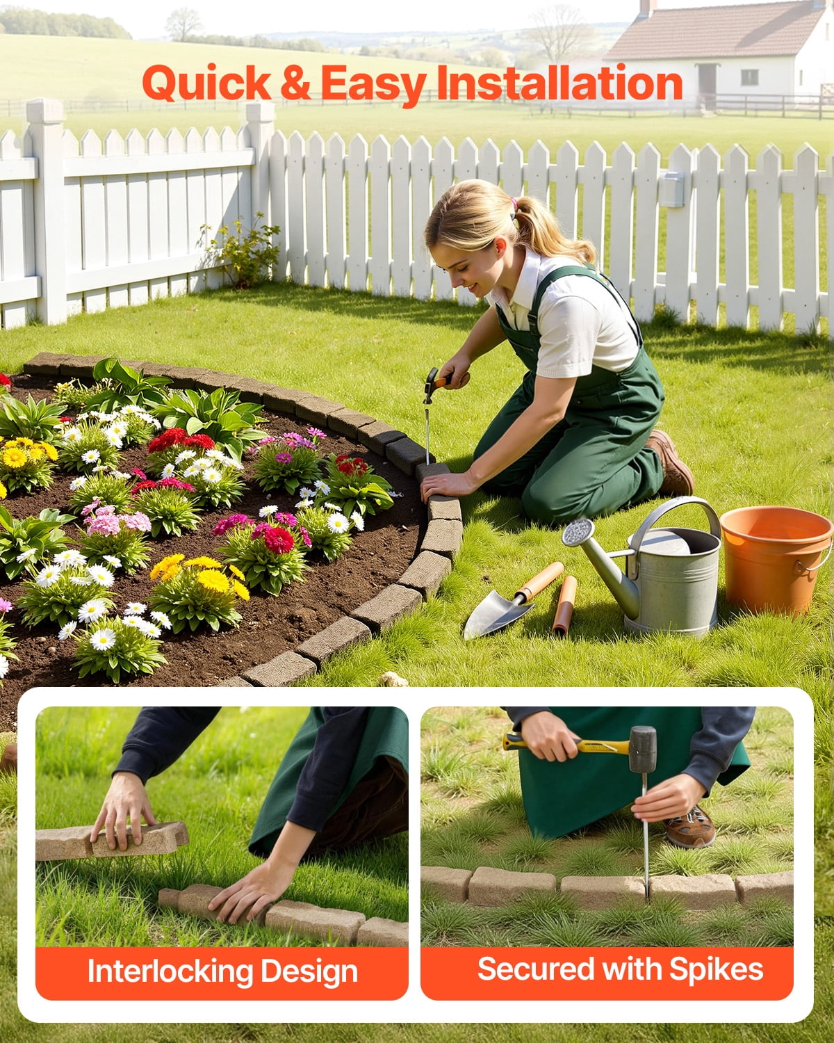 KFFKFF Imitation Stone Landscape Border, 46.4 x 2.2 in Authentic Lawn Border, Adaptable Brick-Like Garden Border with Grounding Pegs, Durable Driveway and Walkway Edging in Beige, Resistant to Fading