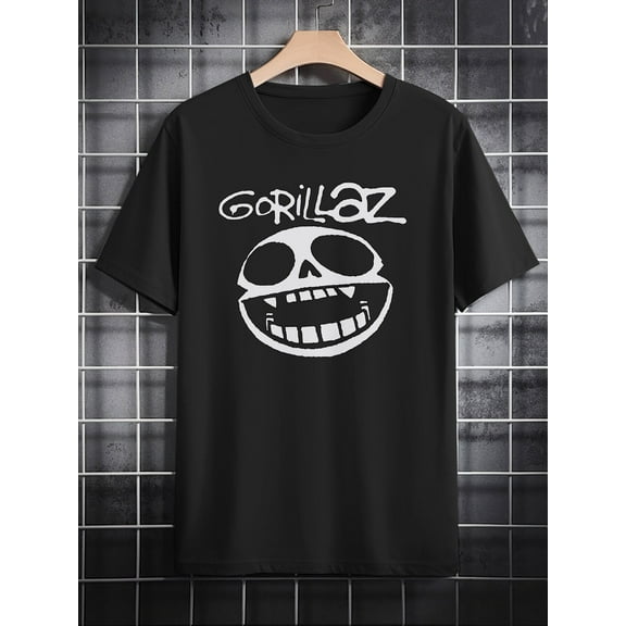 Gorillaz Graphic Print - Casual Crew Neck Polyester T-Shirt for Men - Summer Knit Fabric Regular Fit with Humorous Skull Design