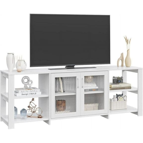 Panana 2 Doors TV Stand Television Stands Cabinet 4 Open Cubby Storage for Living Room for TVs up to 70 Inches (White)
