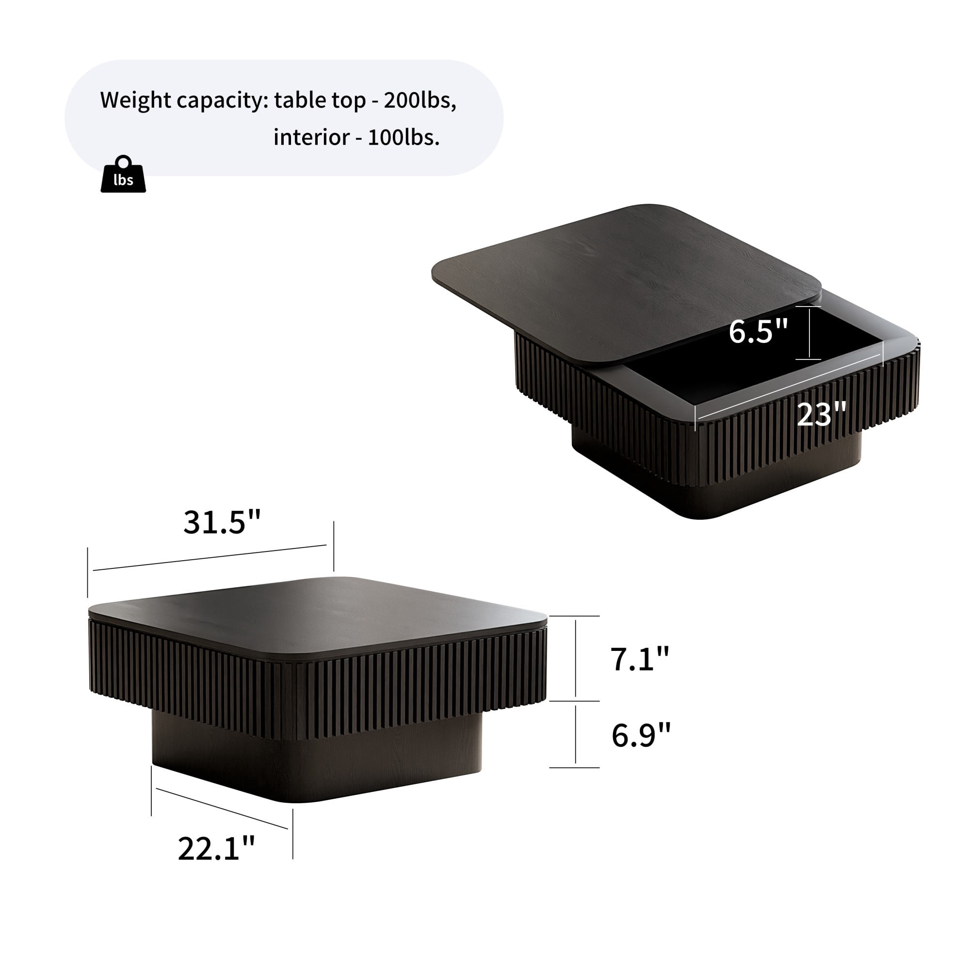 31.5" Square Coffee Table with Storage, Modern Fluted Coffee Table with Hidden Compartment, Wood Veneer Center Table for Living Room, Black