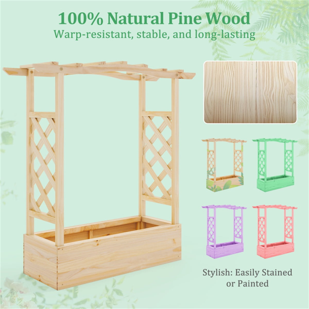 1 Pack Wooden Raised Garden Bed Planter Box with Hanging Roof 44Inch Pine Wood Elevated Outdoor Indoor Patio Balcony Backyard Flowers Herbs Vegetables Trellis Drainage Natural Easy Assembly