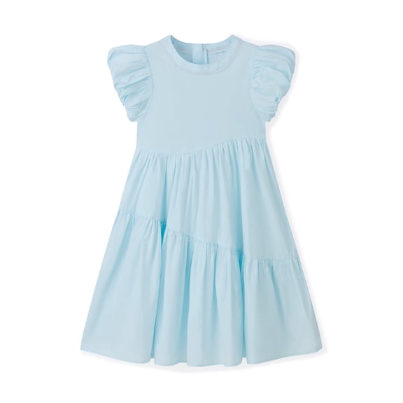 Girls Summer Puff Sleeve Dress, Light Blue Asymmetric Tiered Skirt, Sweet Cotton Party Dress for Toddler & Little Girls (5-6Y)