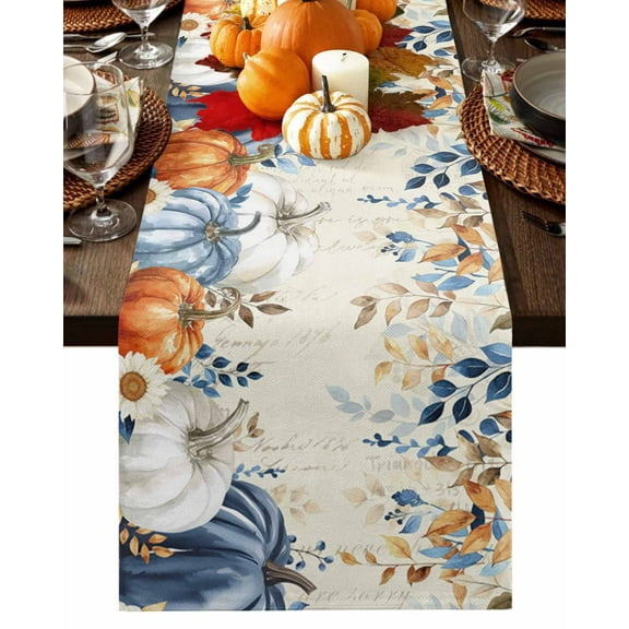 Thanksgiving Blue Pumpkin on Vintage Letter Table Runner-36 Inch Long Autumn Leaves Table Runners Linen Burlap Tablerunner for Kitchen Dining Room Holiday Party