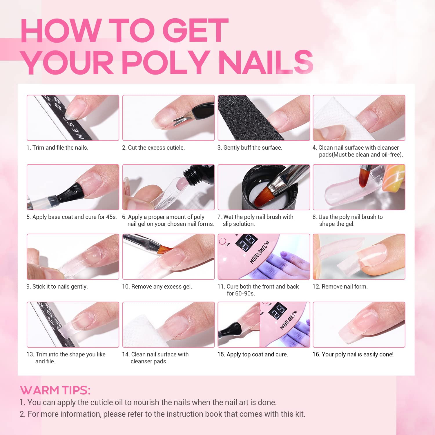 Modelones Poly Nail Gel Kit, 6 Colors Poly Extension Gel Clear Pink White with 48W Nail Lamp 3D Nail Charms Builder Slip Solution Complete Toe Nail Kit Supplies for Starter