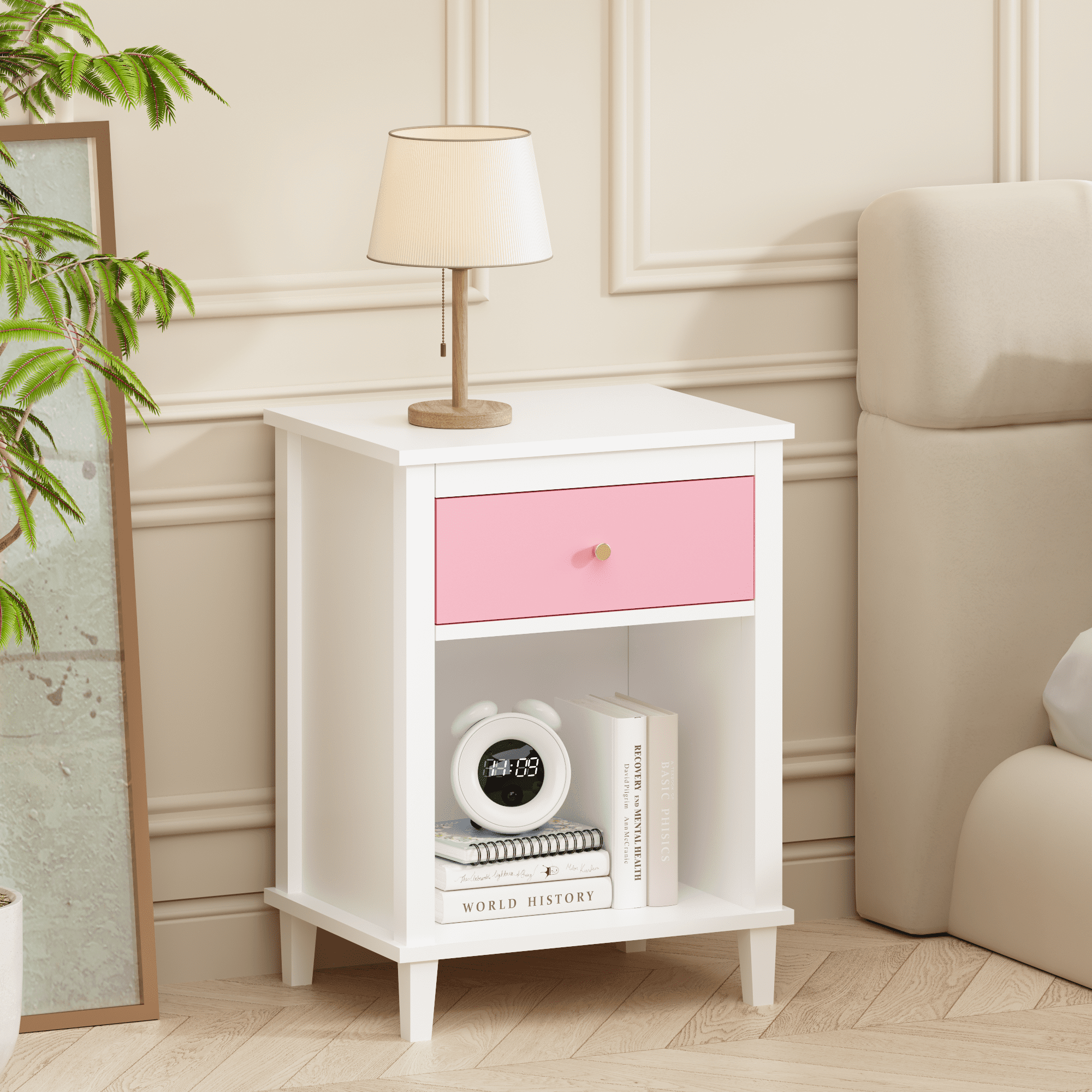 Wooden Nightstand with Drawer & Open Shelf, Pink + White with Golden Handle, Kids Bedside Table for Bedroom