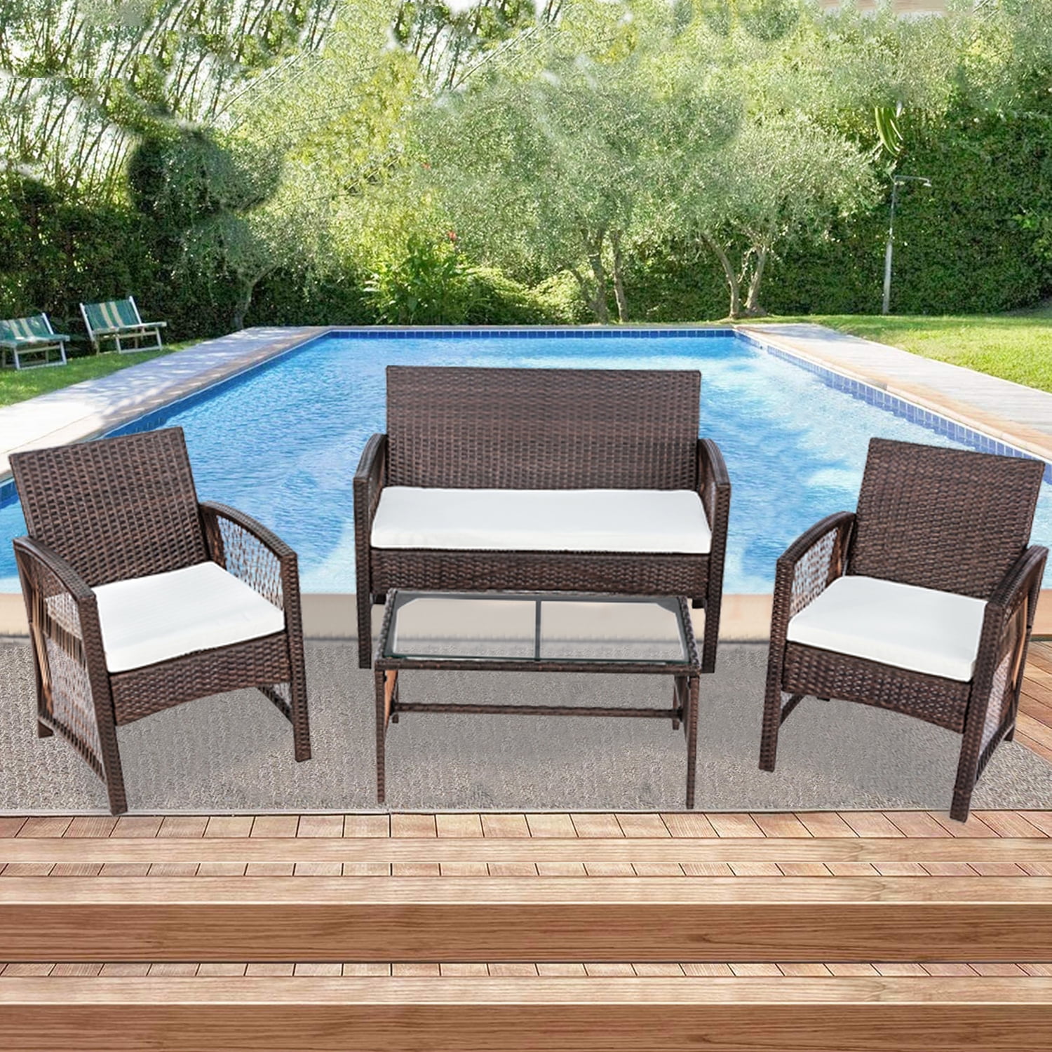 Rattan Patio Furniture, 4-Pieces Outdoor Conversation Sets, Wicker Bar