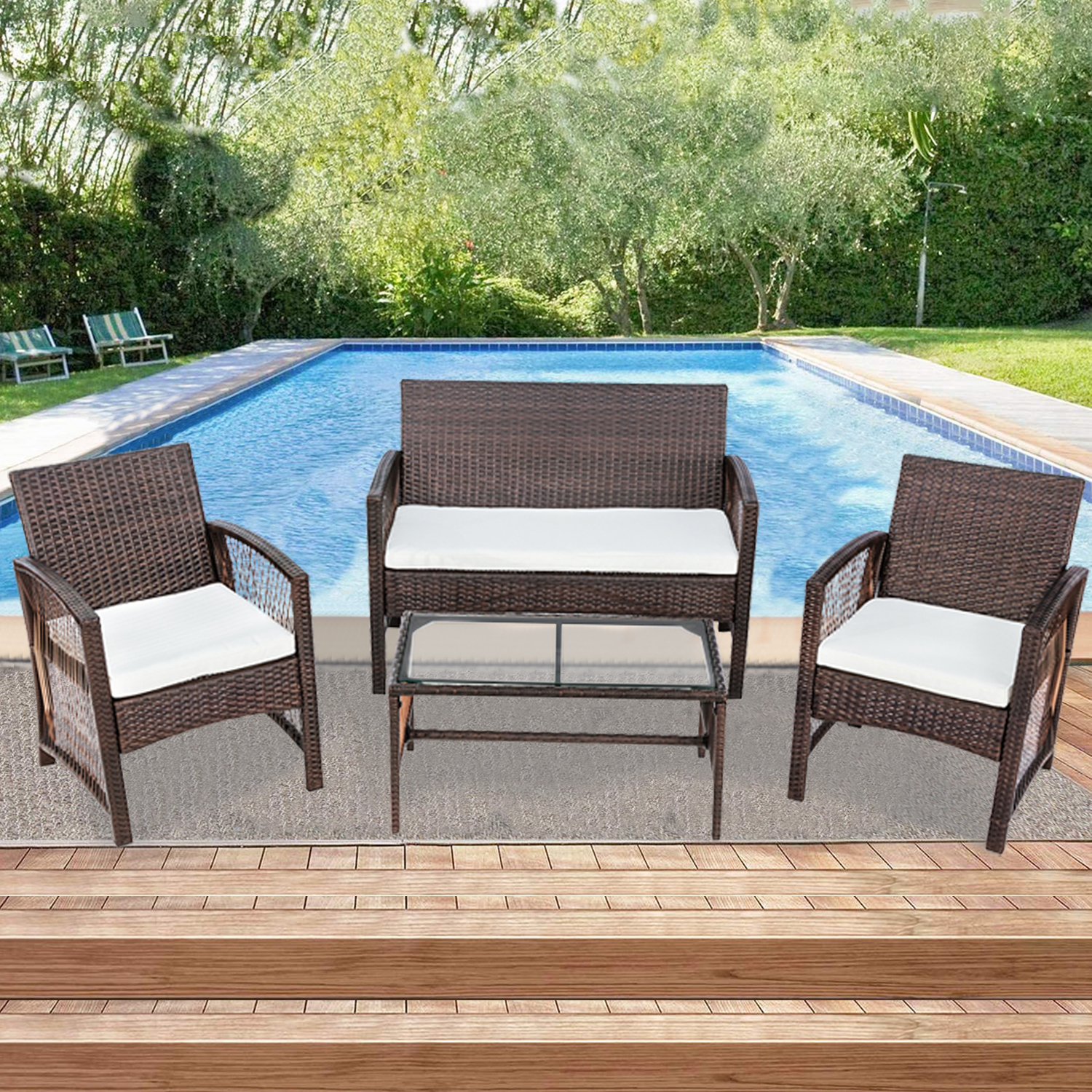 Patio Outdoor Furniture Sets, UHOMEPRO 4 Pieces PE Rattan Garden Furniture Wicker Chairs Set with Coffee Table, Outdoor Conversation Sets, Patio Dining Set for Backyard Poolside Porch, Brown, W7763 - image 1 of 11