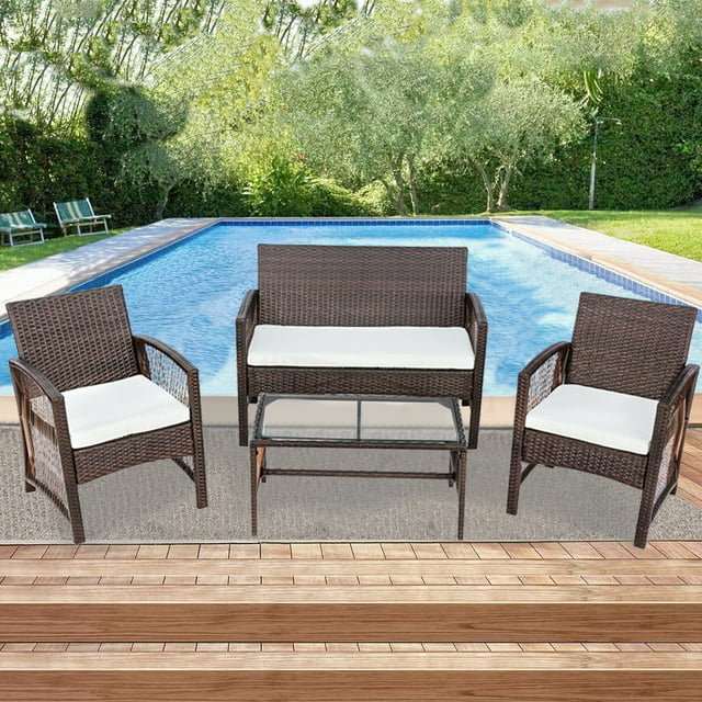 Patio Outdoor Furniture Sets, UHOMEPRO 4 Pieces PE Rattan Garden Furniture Wicker Chairs Set with Coffee Table, Outdoor Conversation Sets, Patio Dining Set for Backyard Poolside Porch, Brown, W7763