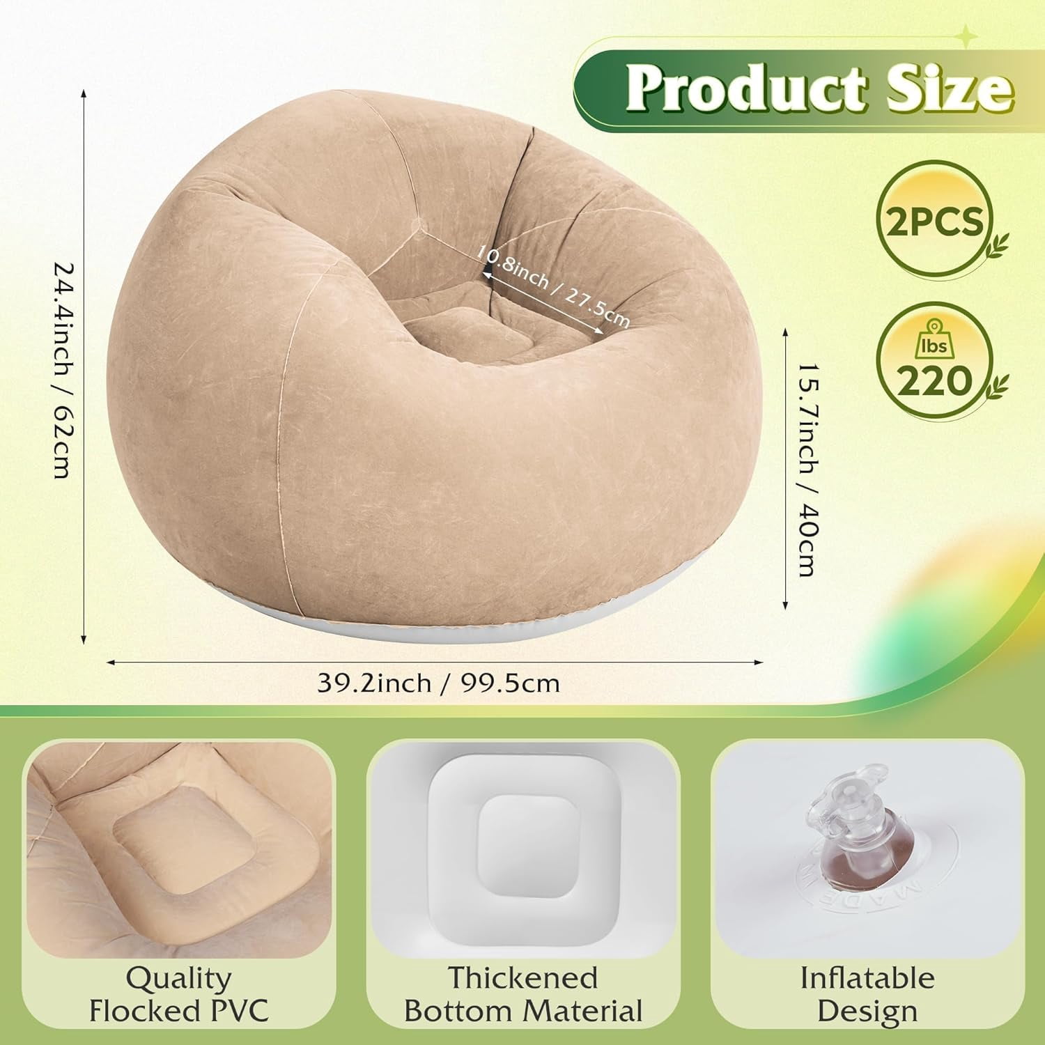2 Pcs Bean Bag Chair for Kids Adults, Inflatable Chair, No Filler, Comfy, Suit for Dorm Gaming Room Indoor Outdoor, Beige and Purple