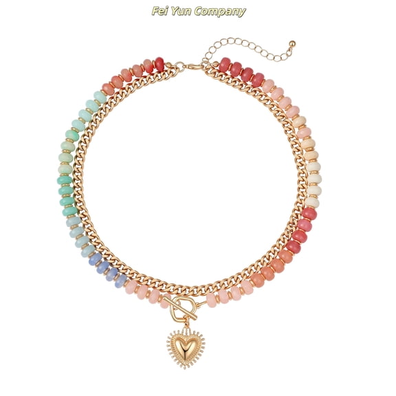 Layered Necklaces for Women, 14K Gold Plated Heart Pendant & Colorful Acrylic Beaded Choker, Cute Trendy Jewelry, Anti-Tangle Single Clasp Design, Summer Beach Boho Necklace for Women