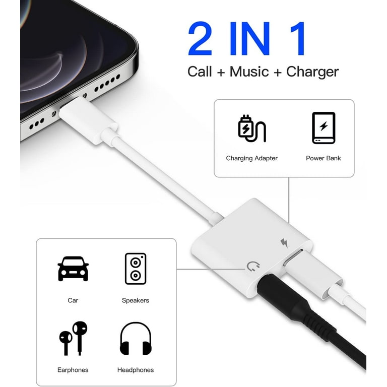 2 Pack [Apple MFi Certified] iPhone Headphones Adapter, 2 in 1 Lightning to  3.5mm Headphone Earphone Aux Audio + Charger Jack Adapter Splitter Dongle