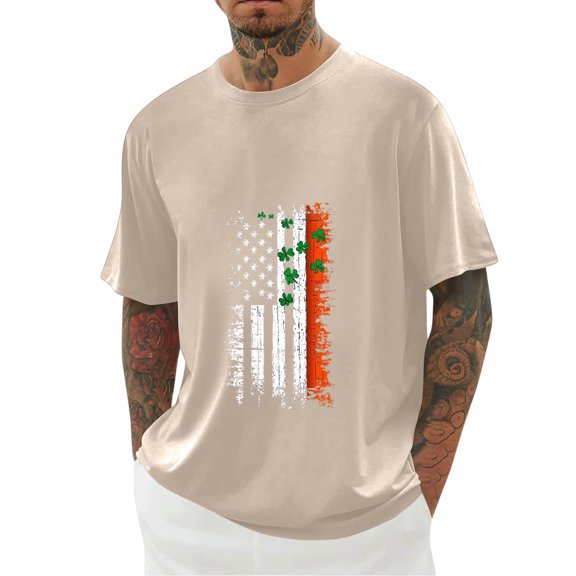 Men's St. Patrick's Day Shamrock American Flag Graphic Short Sleeve Crew Neck T-Shirt