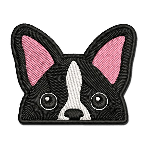 Peeking Boston Terrier Dog Applique Multi-Color Embroidered Iron-On Patch - 2.5 Inch Small