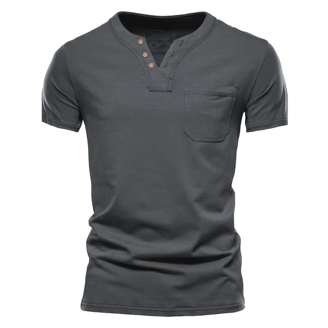 pstuiky camisetas para hombre, Camiseta de cuello en V con botones y bolsillo versátil de color liso para hombre camisas casuales para hombre xxxl