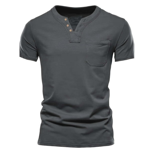 pstuiky camisetas de hombre, Camiseta de cuello en V con botones y bolsillo versátil de color liso para hombre ropa de hombre s