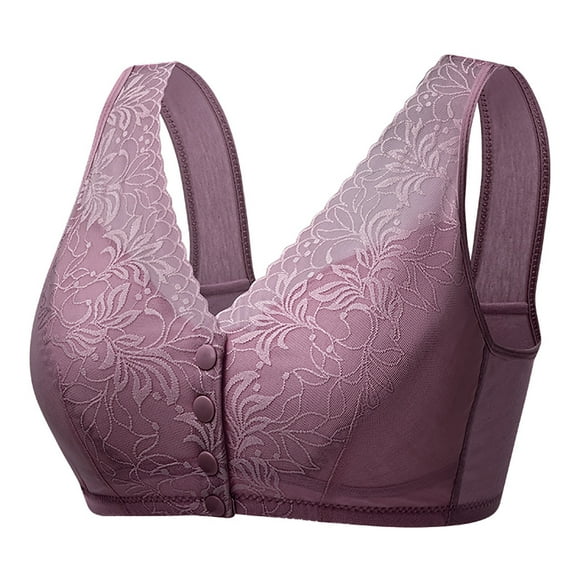 Kyusrd Front Open Bras For Women Button No Steel Ring Wirefree Printed Lace Pattern Closeure Nursing Middle-Aged And Elderly Underwear Gathering Lightweight Breathable Comfy Soft Cotton Daily Bras