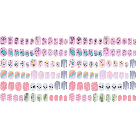 144 Pcs Kids False Nails Press On Artificial Nail Tip Girl Fake Fingernail Kit