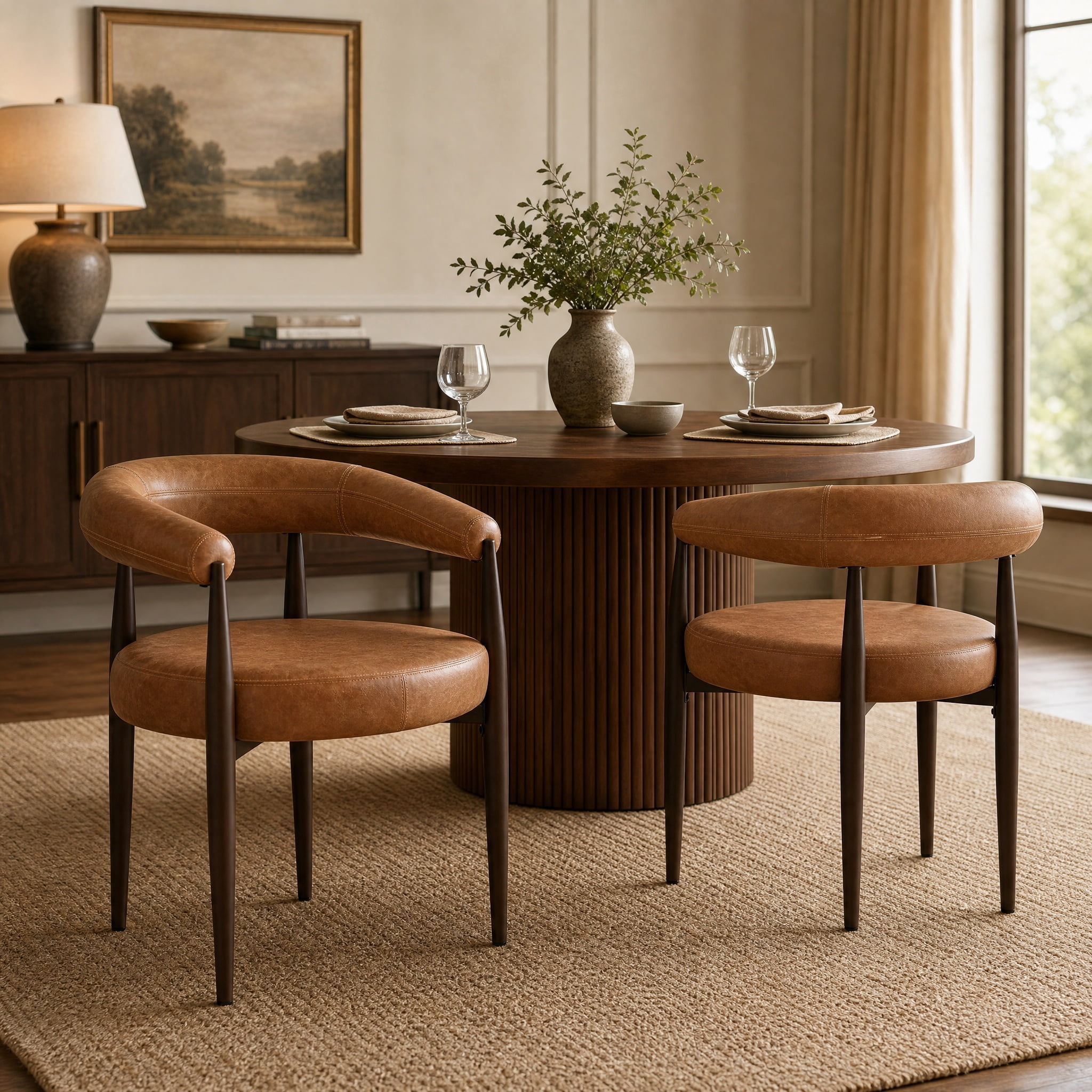 2 Pcs Curved Back Dining Chairs, Iron Frame Upholstered PU Leather Accent Side Chairs, Reddish Brown Coffee-Gold Vintage Barrel Dining Arm Chairs for Kitchen Dining Room Restaurant