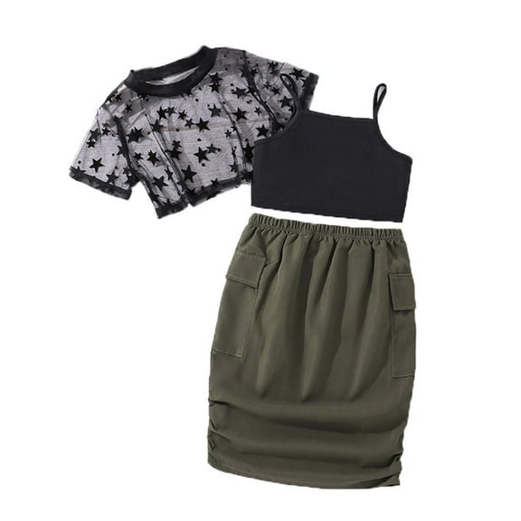 Ediodpoh Girls Outfit Sets Girls Clothing Summer Children's Clothing Child Short Sleeve Top Vest Half Skirt Suit Kids Clothes Set Black 9-10 Years