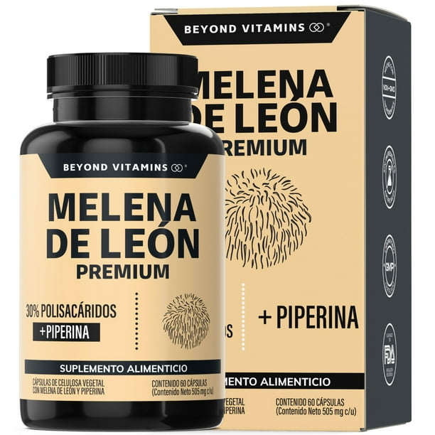 Hongo Melena De León | Extracto Proveniente Del Micelio Con 30% De Polisacáridos + Piperina (pimienta Negra) - Lions Mane - Hongos Funcionales Adaptógenos - Vitaminas Mujer / Hombre | 60 Cápsulas