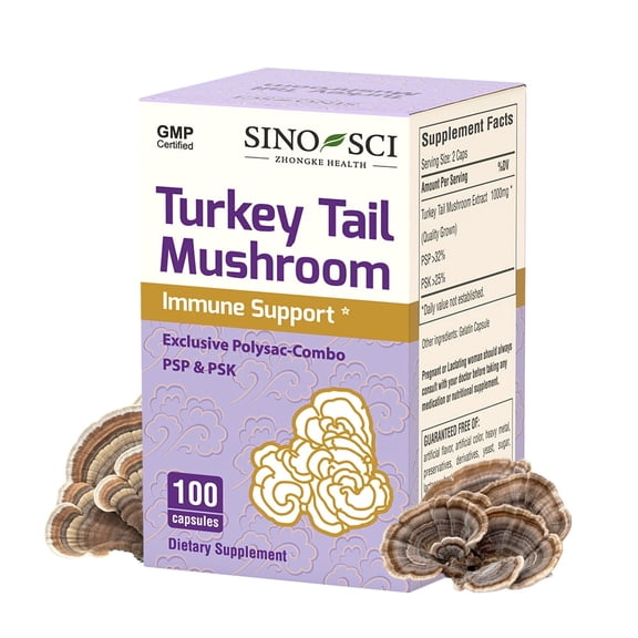 Sino-Sci Turkey Tail Mushroom Organic Supplement, for Immune Support, Sleep Aid & Anti-Anxiety, Brain Booster, Non-GMO Fruit Body,100 Capsules