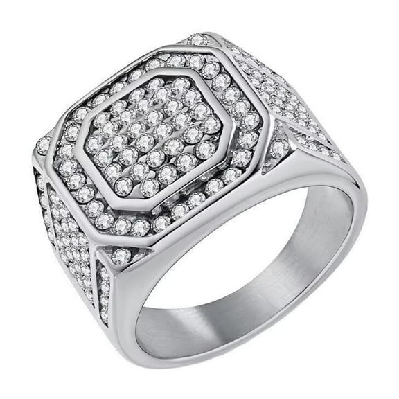 PAURO Men's Stainless Steel Hip Hop Luxury Full Of Diamonds Exaggerated Ring Silver Size 10