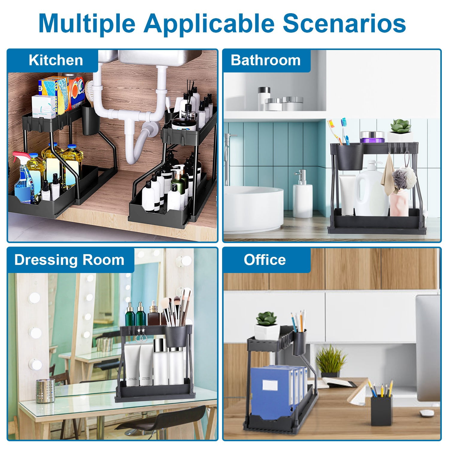 2 Pack 2-Tier Under Sink Organizer and Storage Sliding Cabinet Organizers Storage Shelves with 8 Removable Hooks 2 Hanging Cups for Bathroom Kitchen Office