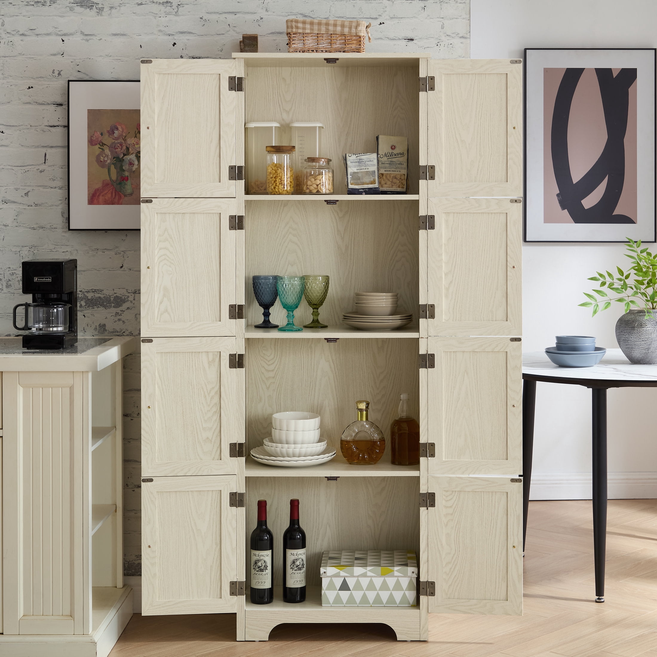 Noble House Vandal 72.4" Tall Storage Cabinet, 8-Door Freestanding Pantry Bookshelf with Shelves, Kitchen, White