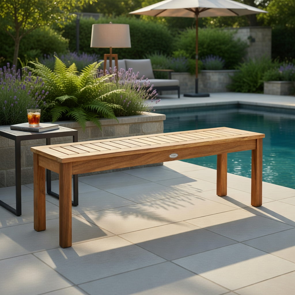 Hommoo 52" Teak-Colored Solid Acacia Wood Outdoor Dining Bench, Weather-Resistant, Patio Bench for Backyard, Garden & Patio, Natural