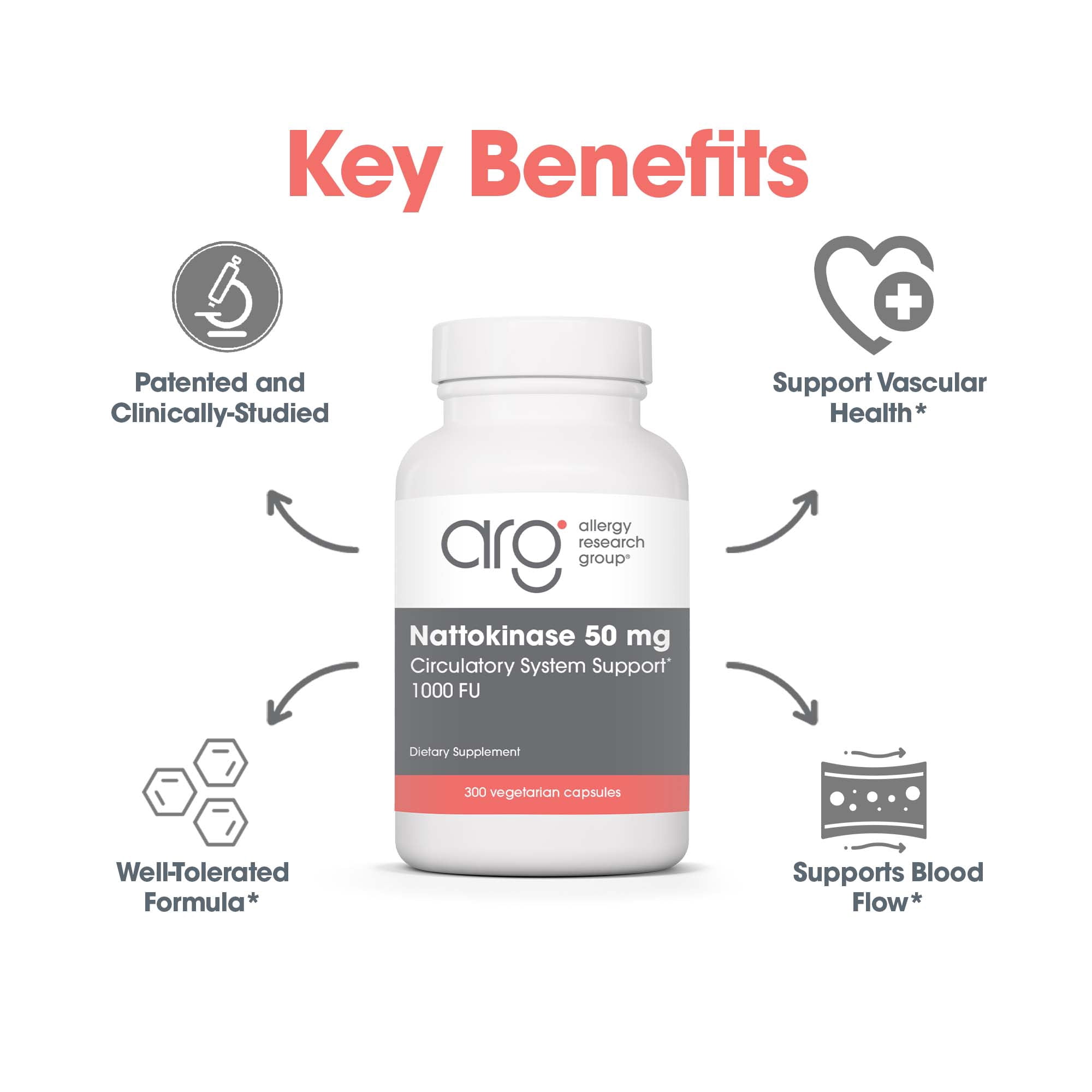 ARG Nattokinase 50 mg - Supplement to Support Healthy Circulation - Delivers 50 mg Nattokinase NSK-SD from Fermented Soybeans per Serving - 150 Servings - 300 Capsules