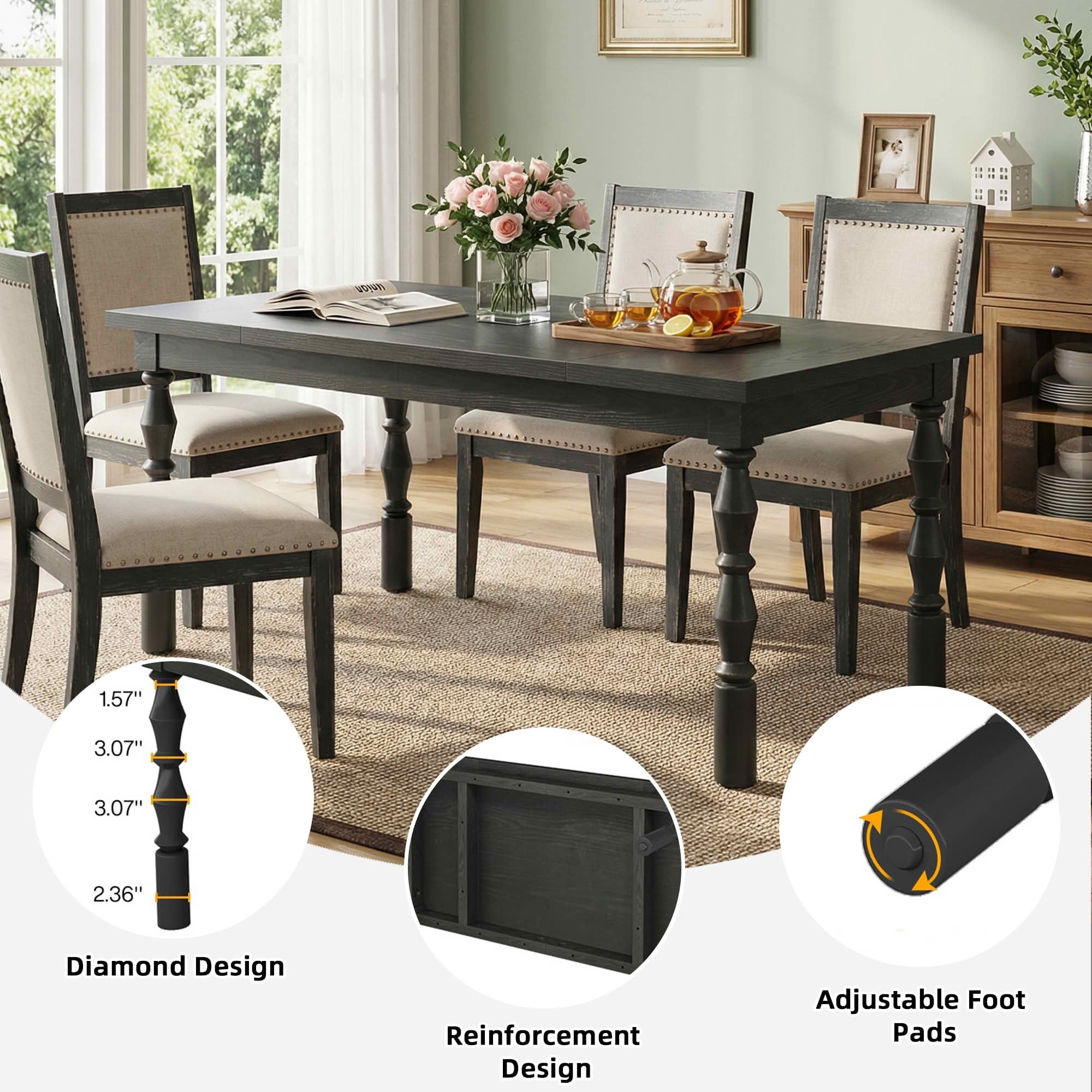 MAYEERTY 62 Inch Rectangular Dining Table, Walnut Kitchen Dinner Table with Carved Turned Legs for 4 to 6 People