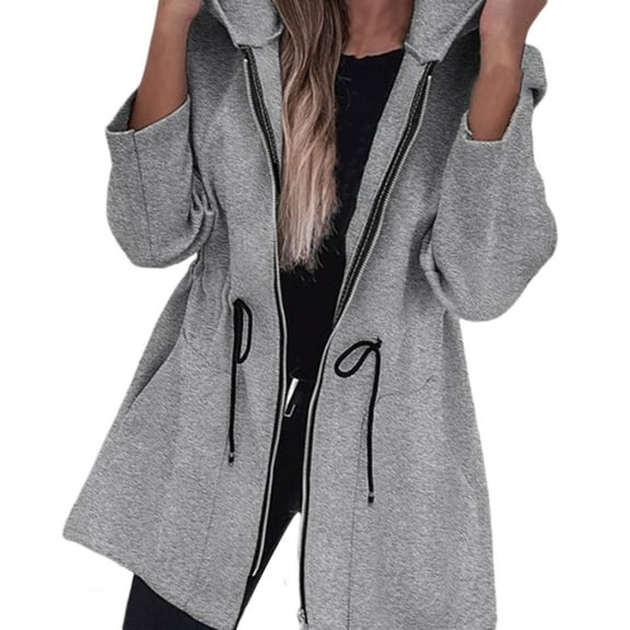 Women Jacket Windbreaker Style Hooded Drawstring Waist Large Pockets Solid Color Zipper Closure Thermal Long-Sleeved Biking Hiking Workout Spring Fall Winter Coat