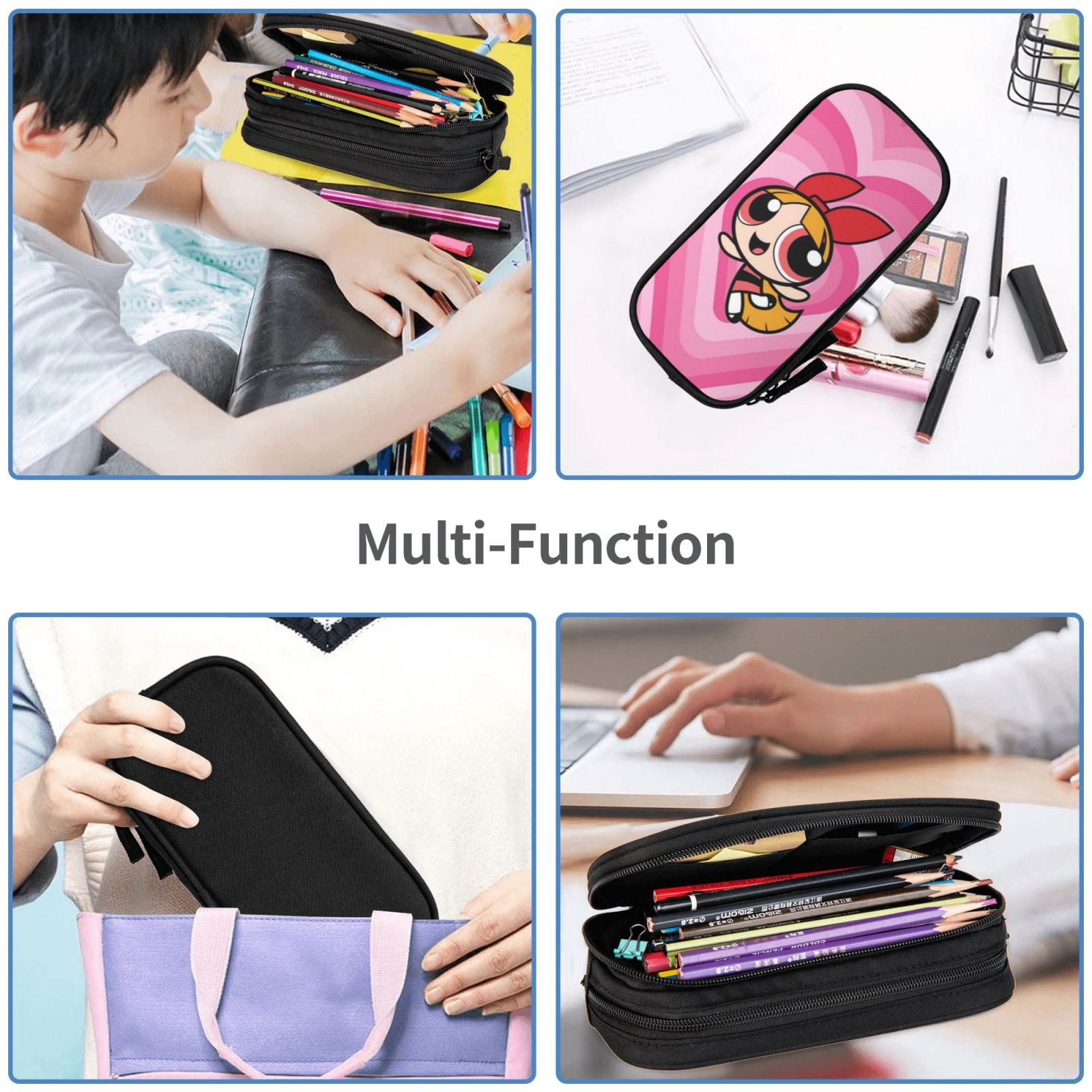 The Powerpuff Gi-rls Pencil Case Large Capacity Pencil Pouch Pen Bag Office Stationery Organizer Travel Makeup Bag Black